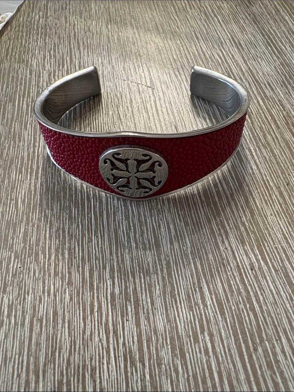 Rustic Cuff Red Textured Metal Cuff Bracelet with Silver Medallion